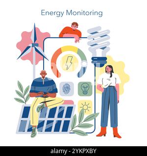 Smart Home Energy Monitoring concept. Three people engage with renewable energy devices and efficiency meter. Sustainable living and energy conservation. Vector illustration. Stock Vector
