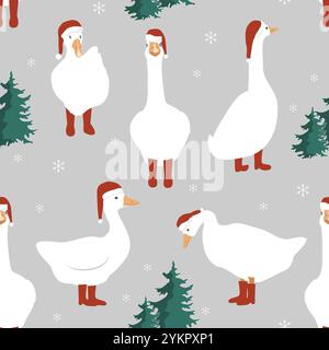 Seamless winter pattern with cute geese in Santa Claus hats and red boots. Merry Christmas vector background Stock Vector