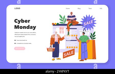 Cyber Monday concept. Shoppers interact with digital sales on a website interface for holiday deals. Online shopping spree with user ratings and cart icon. Vector illustration. Stock Vector
