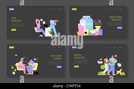 Healthy Lifestyle set. Office workouts, balanced breakfast, relaxation routines, and tech breaks. Adults engage in wellbeing activities for body and mind. Vector illustration. Stock Vector