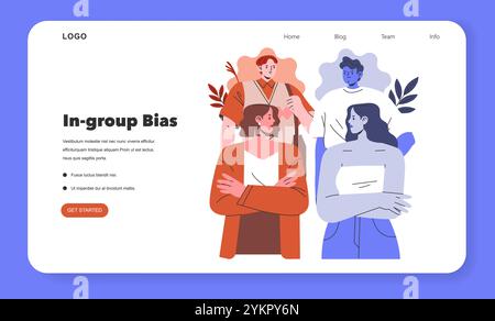Vector illustration of a website interface discussing in-group bias, featuring diverse characters interacting. Educational web design concept. Vector illustration. Stock Vector