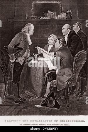 Drafting the Declaration of Independence. The Committee - Franklin, Jefferson, Adams, Livingston and Sherman. Copy of engraving after Alonzo Chappel. USA. 1776 Stock Photo