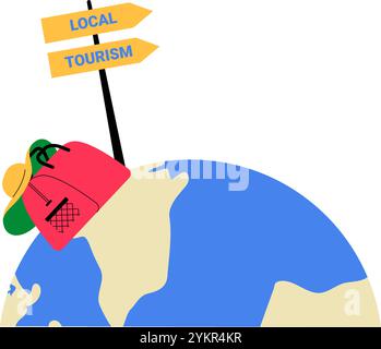 Globe With Local Tourism Signpost In Flat Vector Illustration Symbolizing Travel, Exploration, And Adventure, Isolated On White Background Stock Vector