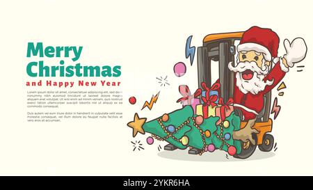 santa clause ride fork lift for for industrial, construction, warehouse, logistics, and transportation themes chirstmas and happy new year greeting ca Stock Vector