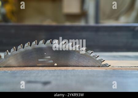 A detailed image of a circular saw blade in a working lumberyard, highlighting the importance of tools and precision in woodworking and carpentry task Stock Photo