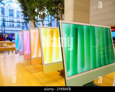 Colourful iMac computer displays inside the Apple Store, Regent Street, London, UK Stock Photo