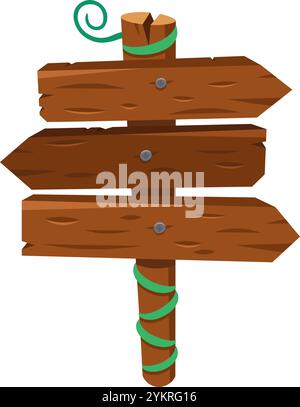 Wooden signpost with three arrows pointing in different directions, tied with a green rope, providing guidance and direction Stock Vector