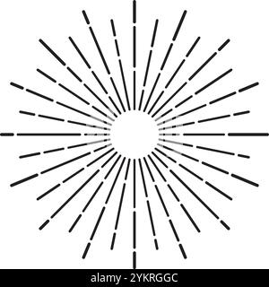 Captivating starburst design radiates from a central circle in a vintage style, featuring symmetrical geometric lines and a black and white color Stock Vector