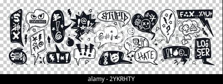 Hand drawn doodle comic speech bubbles with swearwords, expletives, insults and curses. Angry cuss words in talk frame, dialogue box, chat balloon. Negative expressions, bad mood with evil skull emoji Stock Vector
