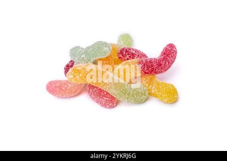 Multicolored Sour gummy worms pile isolated on white Stock Photo