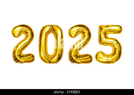 New Year 2025 celebration. Golden tin foil  balloons, 2025 numbers Isolated white background. New years eve Party Stock Photo