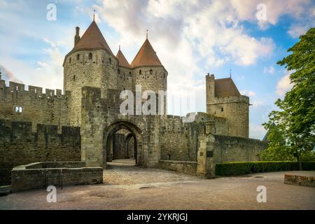 Carcassonne, the entrance to the medieval fortified city La Cité. Department of Aude, Occitania region, France Stock Photo