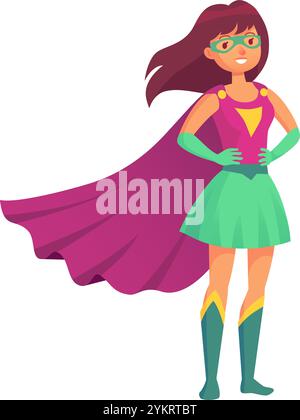 Powerful female superhero standing confidently with hands on her hips, her cape waving in the wind, embodying strength, courage, and heroism Stock Vector