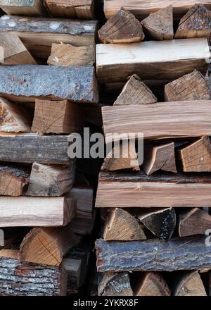 Pile of split wood stacked crosswise, pile of firewood Stock Photo