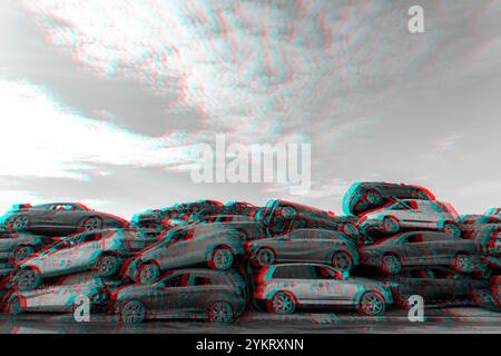 damaged cars piled up, glitch effect Stock Photo