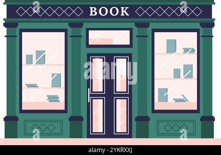 Bookstore building facade with large windows and open sign on wooden ...