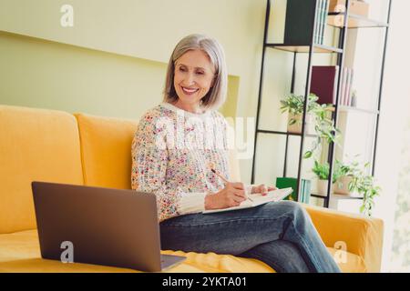 Senior woman smiling while working at home on laptop, enjoying a peaceful day indoors with a stylish knitted sweater Stock Photo