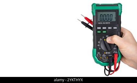Hand Holding Digital Multimeter with Probes Stock Photo