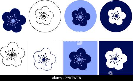 Cherry white blossom logo. Vector graphic flower on white and blue background Stock Vector