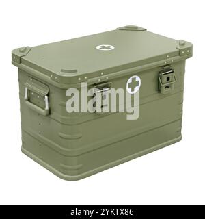 Khaki colored metal box with army medical supplies, isolated on white background Stock Photo
