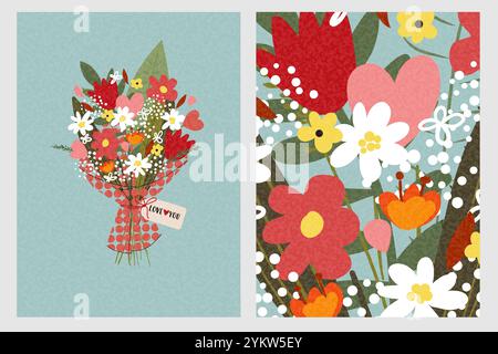 Cute poster or postcards for Valentine´s day or mother´s day. Vector illustration of a colorful bouquet of flowers and a background of flowers. Stock Vector