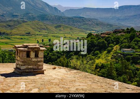 A view over the Drino Valley in Albania seen from the roof of Gjirokaster Castle, part of a UNESCO World Heritage Site. Stock Photo