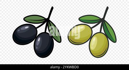 Flat Vector Green and Black Olives Outline Set. Hand-Drawn Olive Tree Berries Clipart. Olive Oil Products, Packaging, Food Design Template Stock Vector