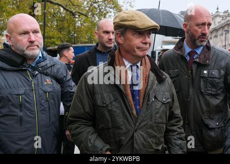 London, UK. 19th November, 2024. Nigel Farage, Leader of the Reform Party and MP for Clacton is out and about at the farmers' rally in Whitehall, interviewing attendees about their concerns over inheritance tax changes announced in Rachel Reeves' Autumn Budget. Credit: Eleventh Hour Photography/Alamy Live News Stock Photo