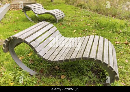 Two modern wooden benches are standing on green grass with some autumn leaves Stock Photo