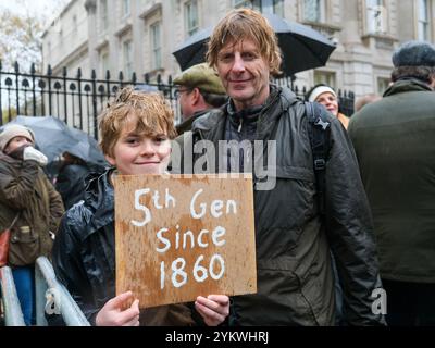 London, UK. 19th November, 2024. A 5th generation farmer and his son have travelled into London from Cornwall for the farming rally. Thousands of agricultural workers and supporters attended a demonstration against new inheritance tax changes announced in Rachel Reeves' Autumn Budget. Credit: Eleventh Hour Photography/Alamy Live News Stock Photo