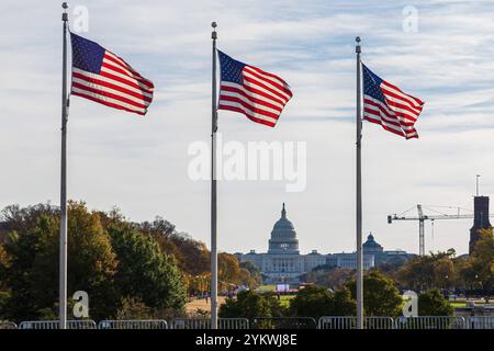 The United States Capitol building with US flags in Washington DC, USA. The United States Capitol building seen from the Washington Monument Washingto Stock Photo