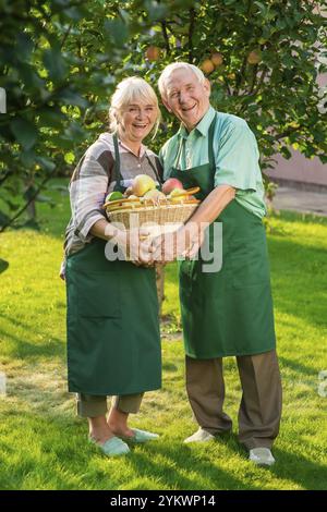 Cheerful couple holding apple basket. Old man and woman smiling. Become a gardener Stock Photo