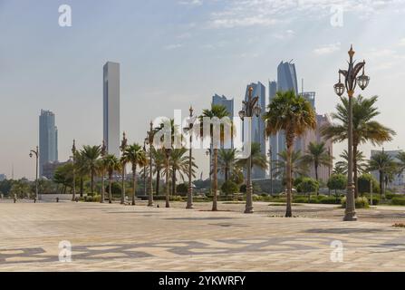 A picture of the Qasr Al Watan gardens overlooking the St. Regis Abu Dhabi Hotel, the Etihad Towers and the Abu Dhabi National Oil Company Headquarter Stock Photo