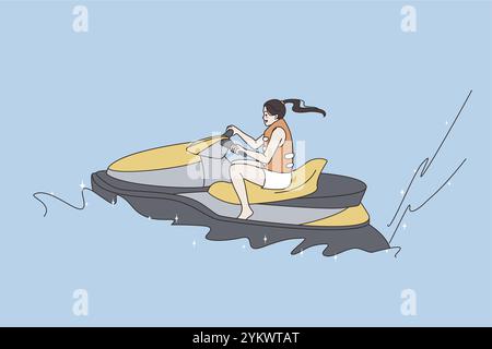 Sport summer leisure activities concept. Young happy cheerful woman sitting and riding jet ski on water during vacations feeling positive vector illus Stock Photo