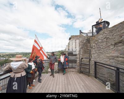 Viewing platform in castle keep during community summer event. Hay Castle, Hay-on-Wye, United Kingdom. Architect: MICA, 2022. Stock Photo