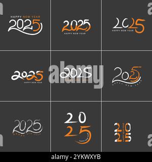 2025 Set, New year logo set of 25 in black and white, happy new year 2025, new year celebration, 2025 new collection Stock Vector