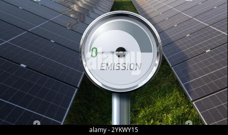 Gauge with inscription EMISSION on a background of renewable energy sources. Arrow points to zero. Concept of green energy.. Stock Photo