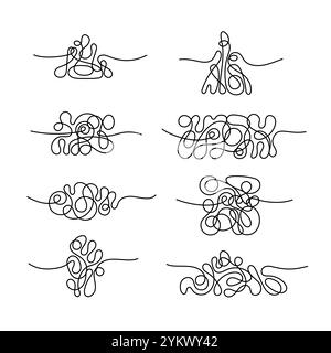 Set of tangled lines. Vector messy scribble set. Hand drawn doodle knots curved in square and round form. Abstract collection Stock Vector