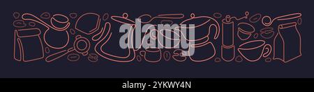 Coffee line banner. Espresso cup, cappuccino, coffee maker machine and roasted beans. Vector abstract pattern for cafe menu, shop Stock Vector