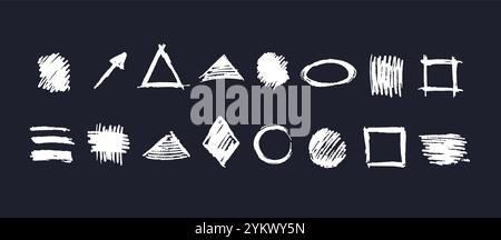 Grungy scribbles, geometric form set. Hand drawn texture line on black background. Vector illustration Stock Vector