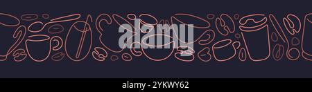 Coffee line pattern. Espresso cups, cappuccino and roasted beans. Vector abstract border for cafe menu, shop Stock Vector