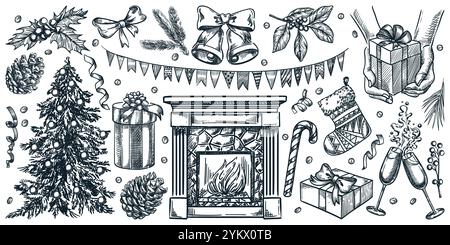 Christmas and New Year design elements set. Vector hand drawn vintage sketch illustration of fireplace, Christmas tree, gifts and decoration. Winter h Stock Vector