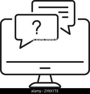Desktop Computer with Message Speech Bubbles Line Icon. Online Support Outline Symbol. Help, Communication and Assistance. Editable Stroke. Isolated Stock Vector