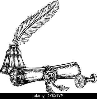 An ancient manuscript, a scroll, a sealed inkwell and a pen. Vector black and white graphics. Hand-drawn illustration on a white background. Design el Stock Vector