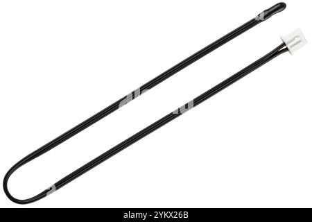 Temperature sensor with insulated wire and connector, white background. Stock Photo