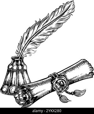 An ancient manuscript, a scroll sealed with a seal and an inkwell with a pen. Vector black and white graphics. Hand-drawn illustration on a white back Stock Vector