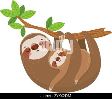Adorable cartoon illustration of a mother sloth lovingly holding her baby while hanging upside down from a tree branch, enjoying a peaceful moment Stock Vector