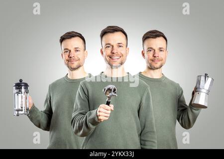 Same Person Holding Different Coffee Brewing Equipment Stock Photo
