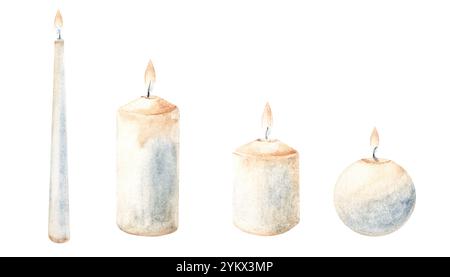 Burning Wax Candles Set. Design elements for cozy romantic interior. Watercolor hand drawn illustration in rustic style isolated on white background Stock Photo