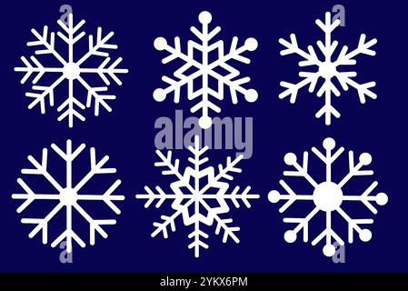 Six unique snowflake designs in white on a dark blue background. The graphic style is clean and minimalistic, representing winter themes. Vector illus Stock Vector